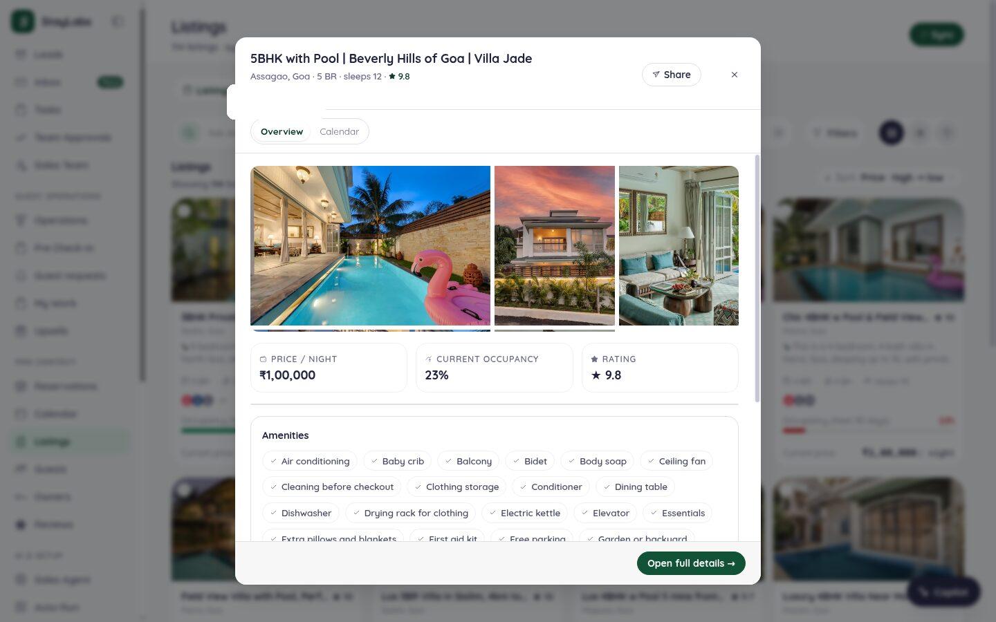 A property detail panel in an operator dashboard built by STYLABS, showing nightly price, current occupancy, guest rating, and a grouped amenities list for a five-bedroom Goa villa synced from Hostaway.