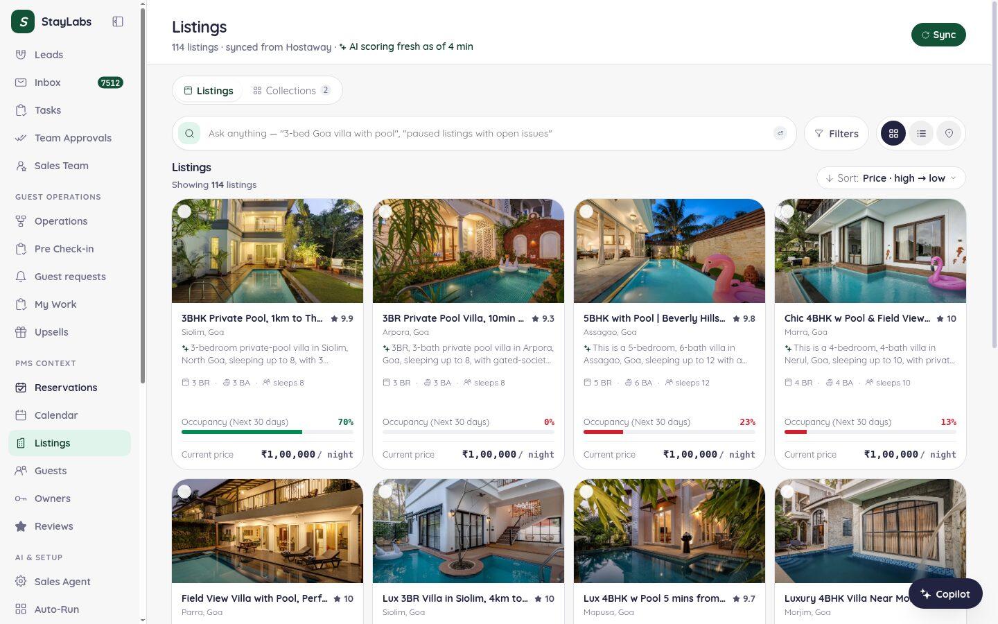 An operator dashboard built by STYLABS: a listings grid of 114 villas synced from Hostaway, each card showing location, bedrooms, sleeps, next-30-day occupancy, and current nightly price, with reservations, calendar, guests, and owners in the sidebar.
