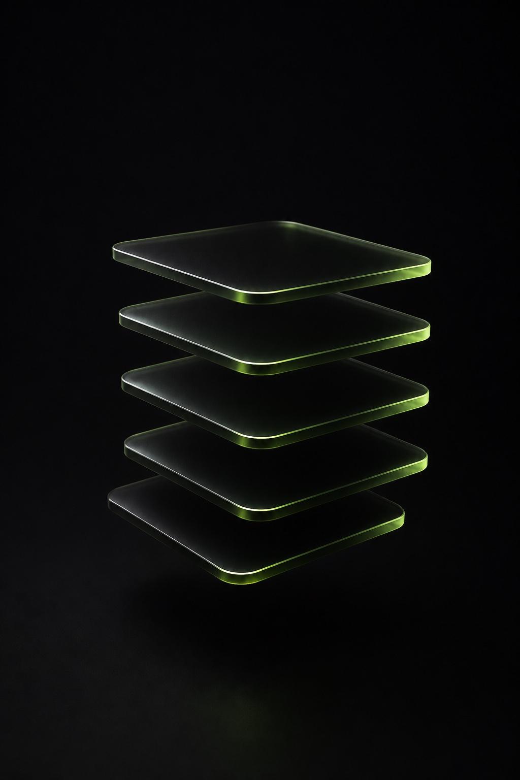Spiral of frosted black glass slabs with lime-green glowing edges, representing product design