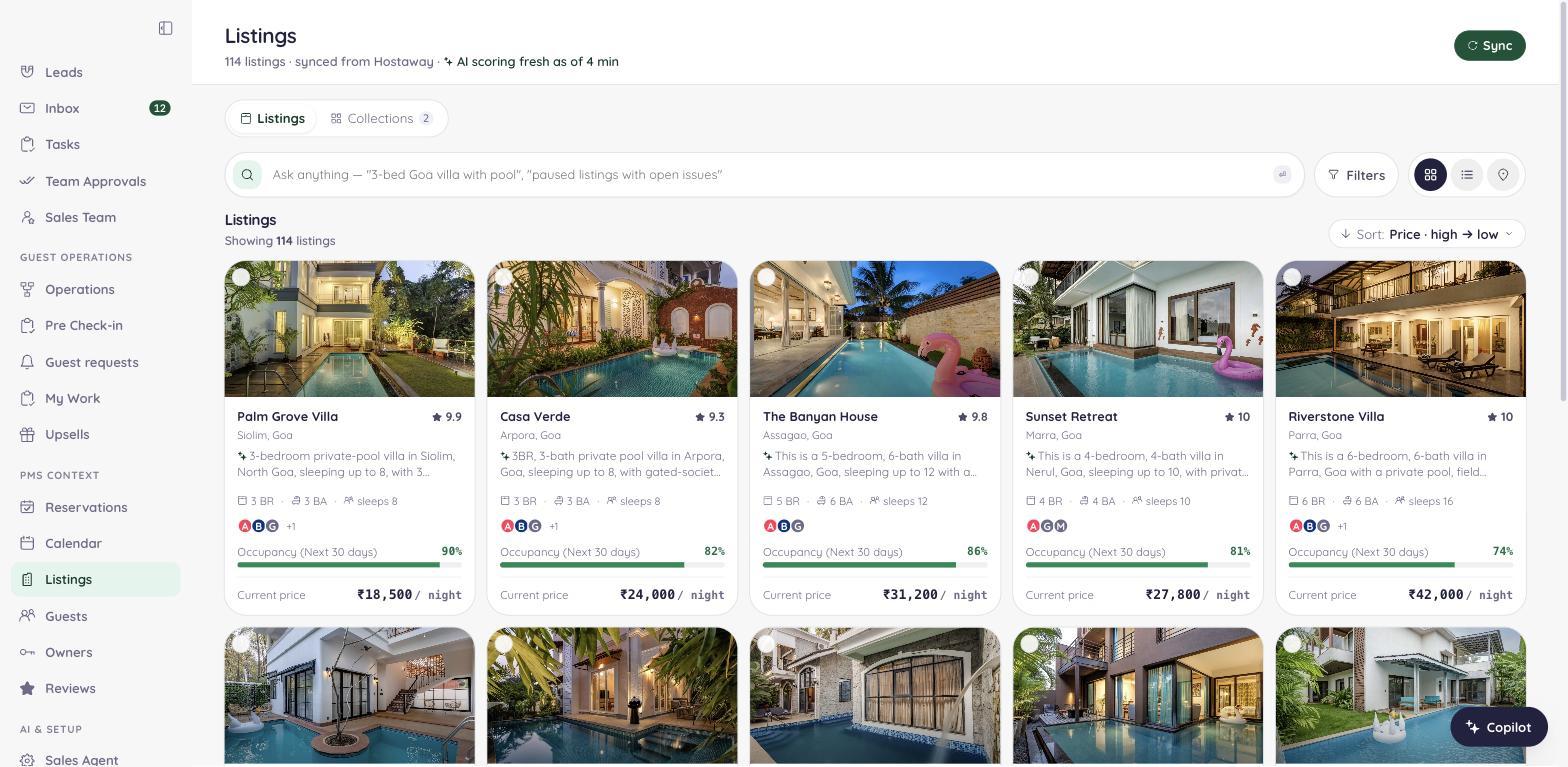 An operator dashboard built by STYLABS: a listings view showing inventory synced from Hostaway, with occupancy and nightly rate on each property.