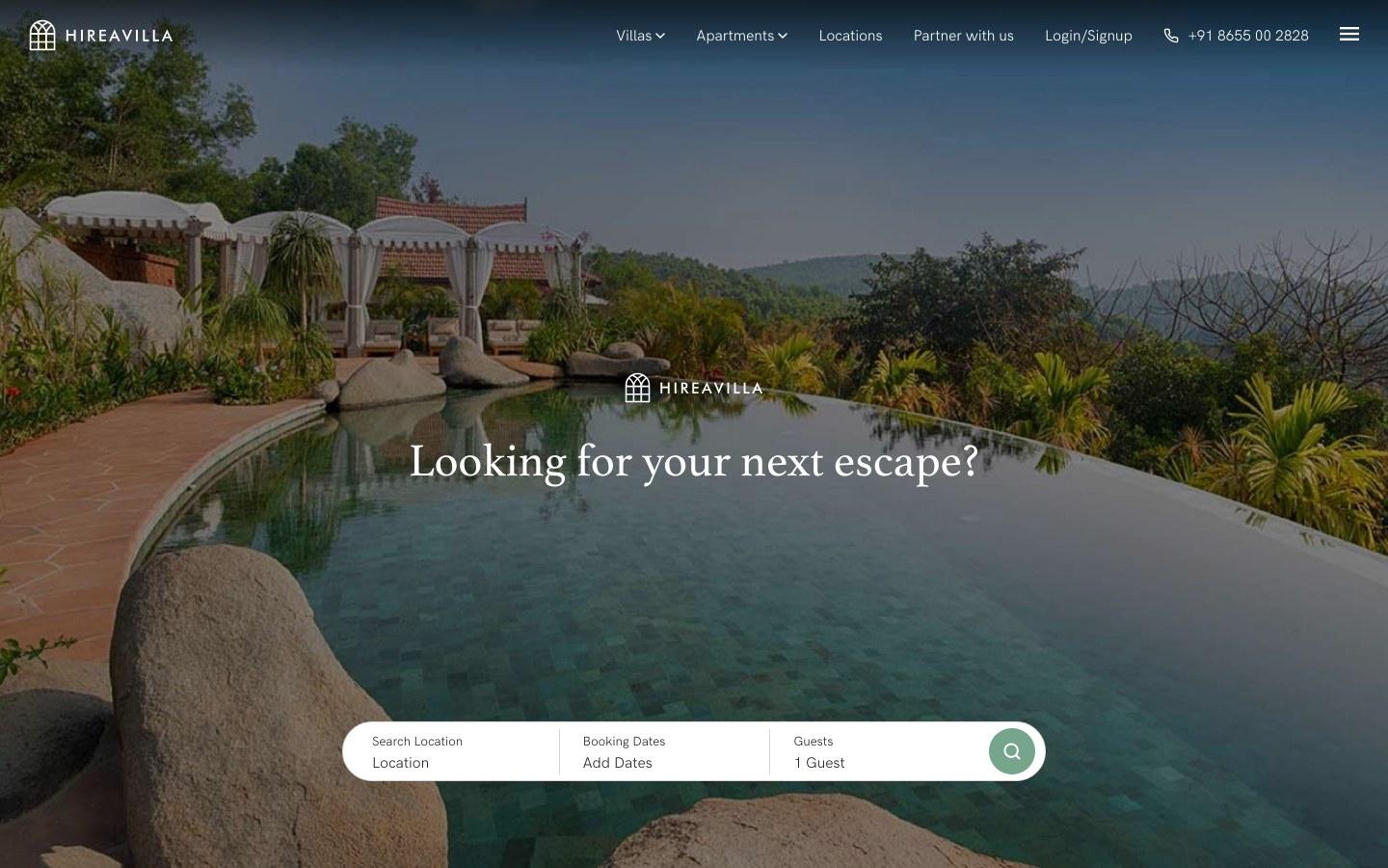 The Hireavilla home page, a custom Hostaway marketplace built by STYLABS: a full-bleed villa photograph over a live availability search.