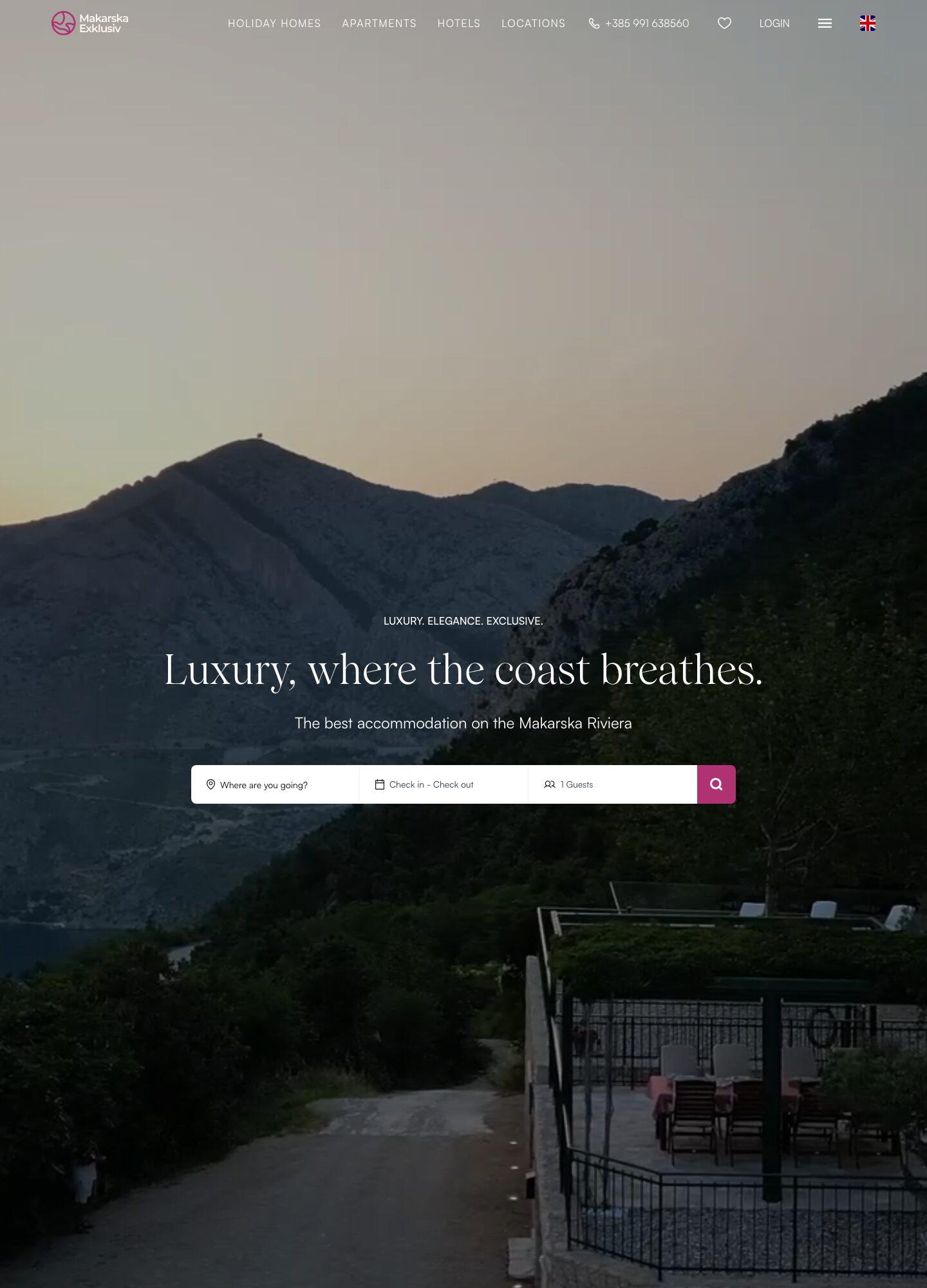 The Makarska Exklusiv home page, a custom Hostaway booking site built by STYLABS, with a full-bleed Riviera photograph and a live availability search.