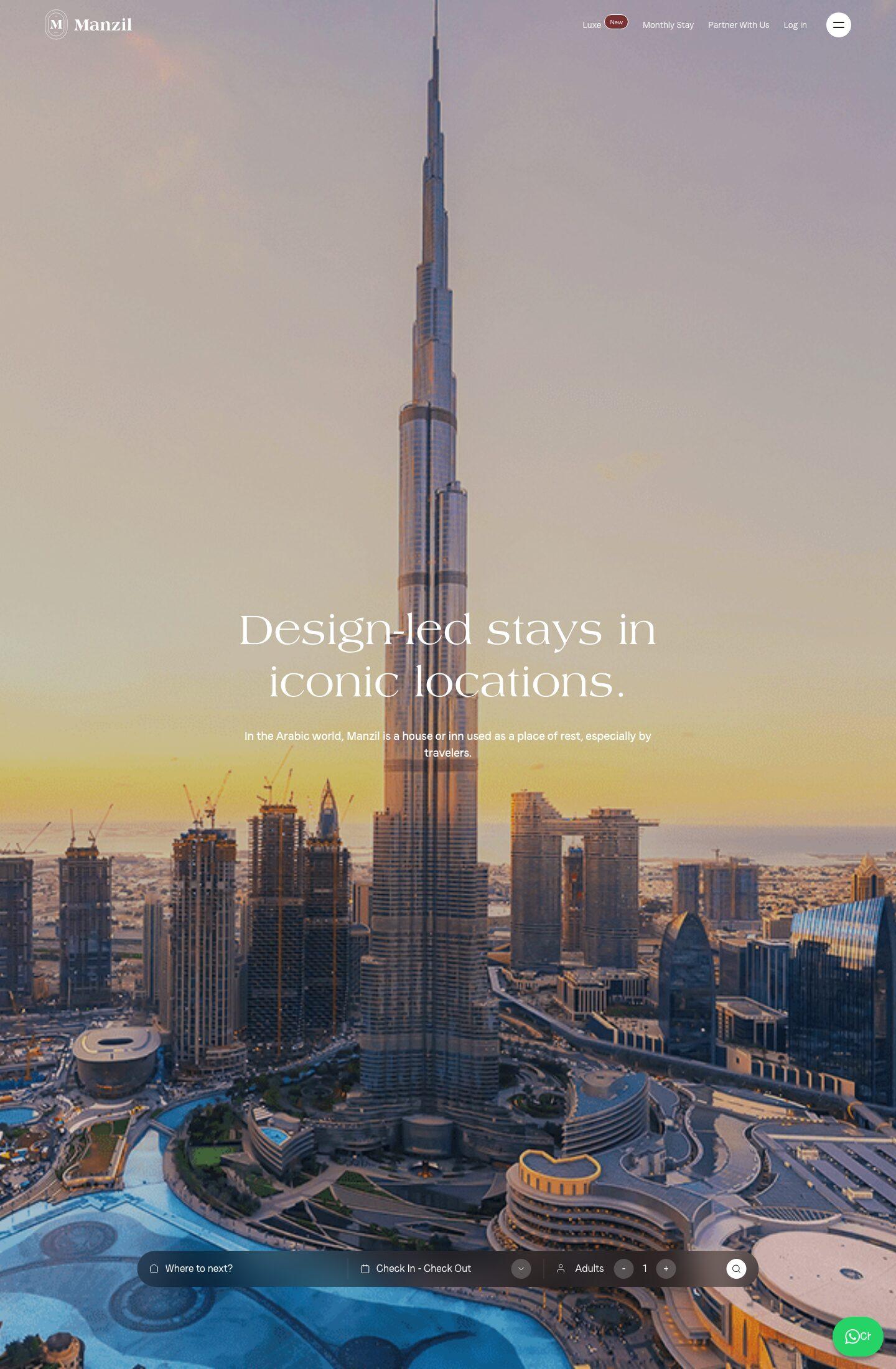 The Manzil home page, a custom Hostaway booking site built by STYLABS, with a Dubai skyline hero and a booking search bar.