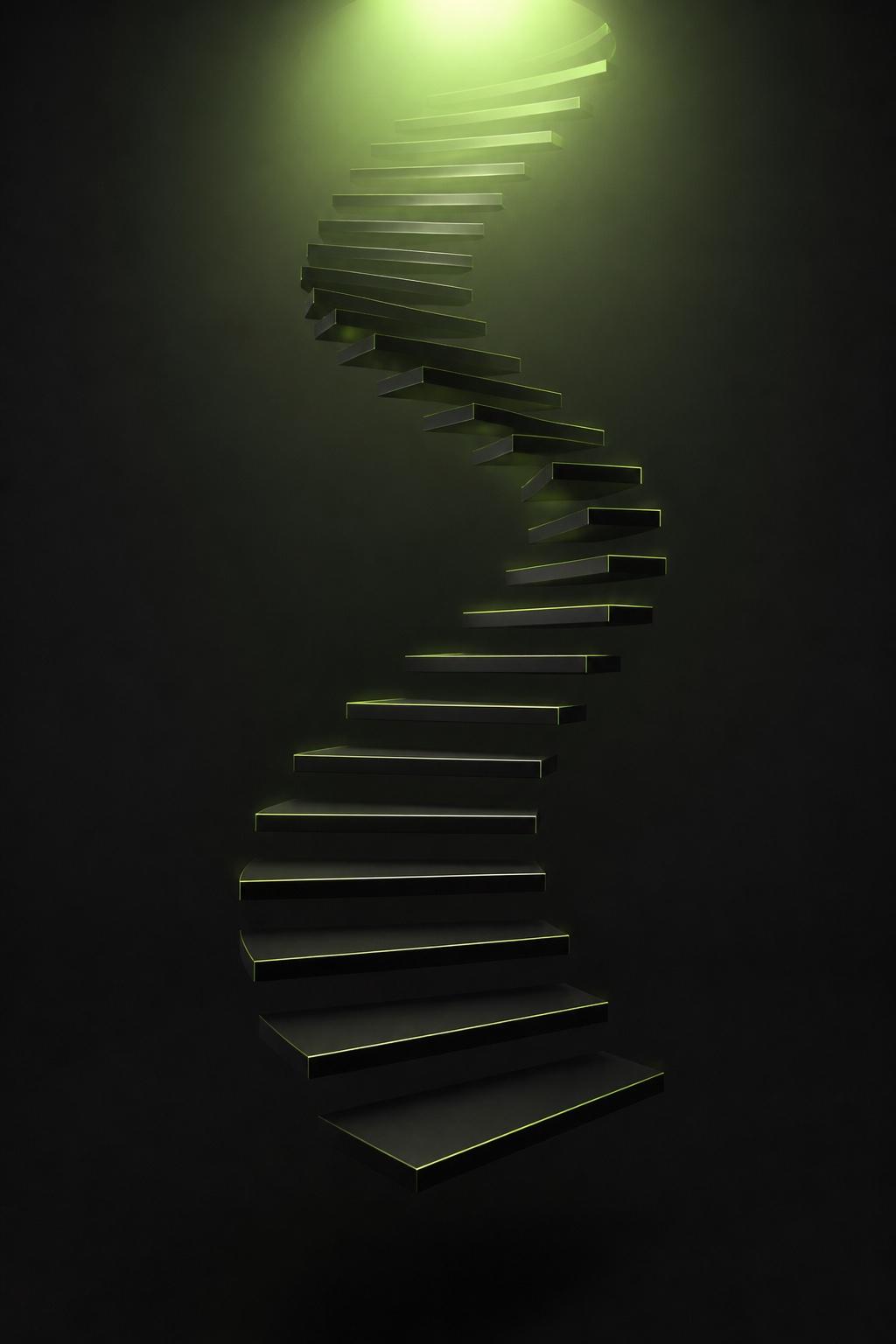 Spiral staircase of matte black slabs ascending toward a lime-green glow, representing branding and growth