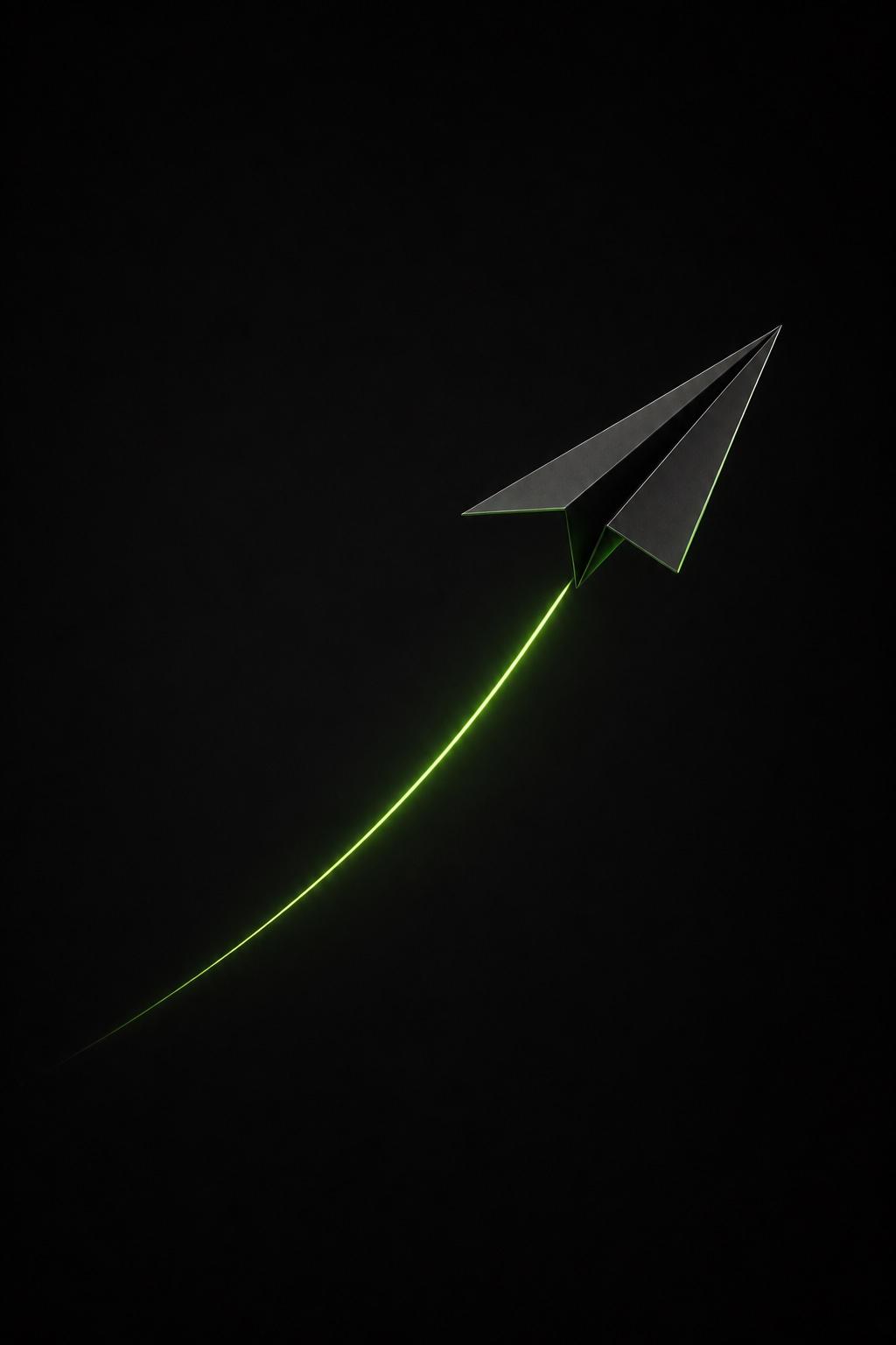 Faceted matte black paper plane ascending with a lime-green light trail, representing MVP prototyping