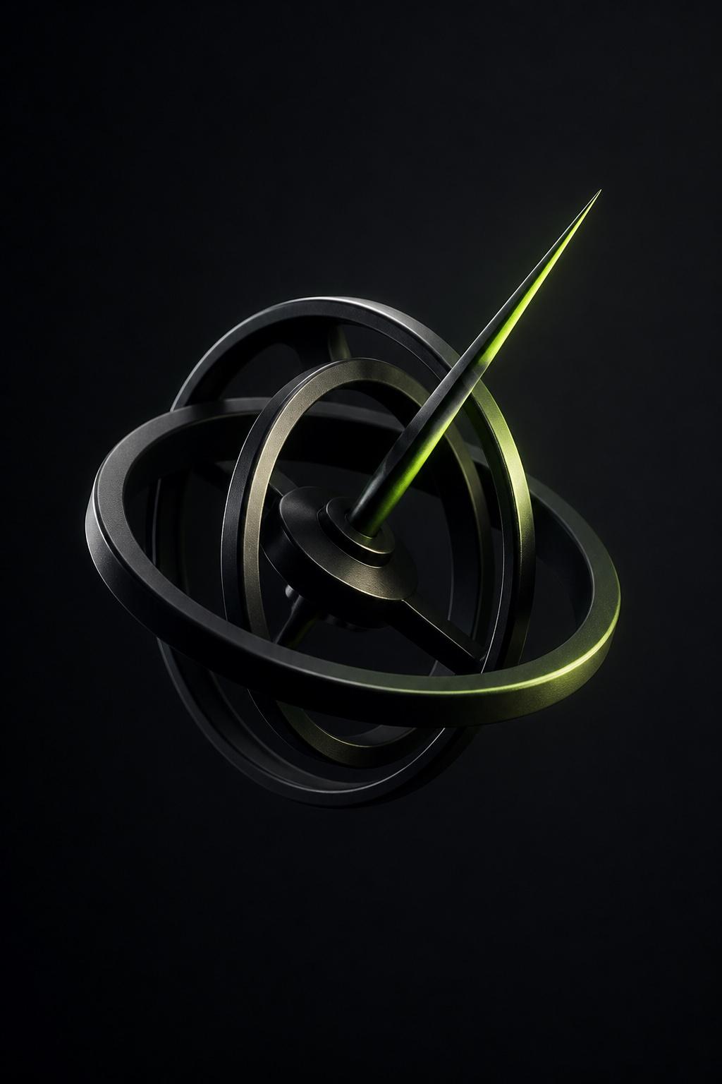Matte black gyroscope with a lime-green lit needle, representing product strategy