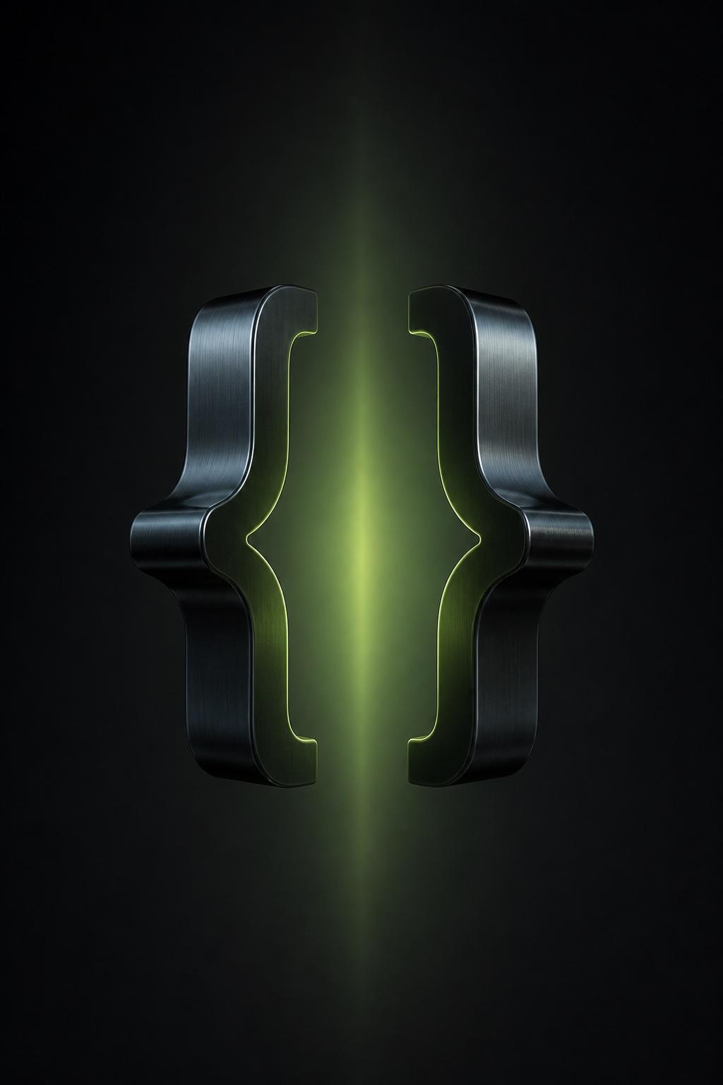 Two dark metal code brackets with a beam of lime-green light between them, representing web and mobile engineering