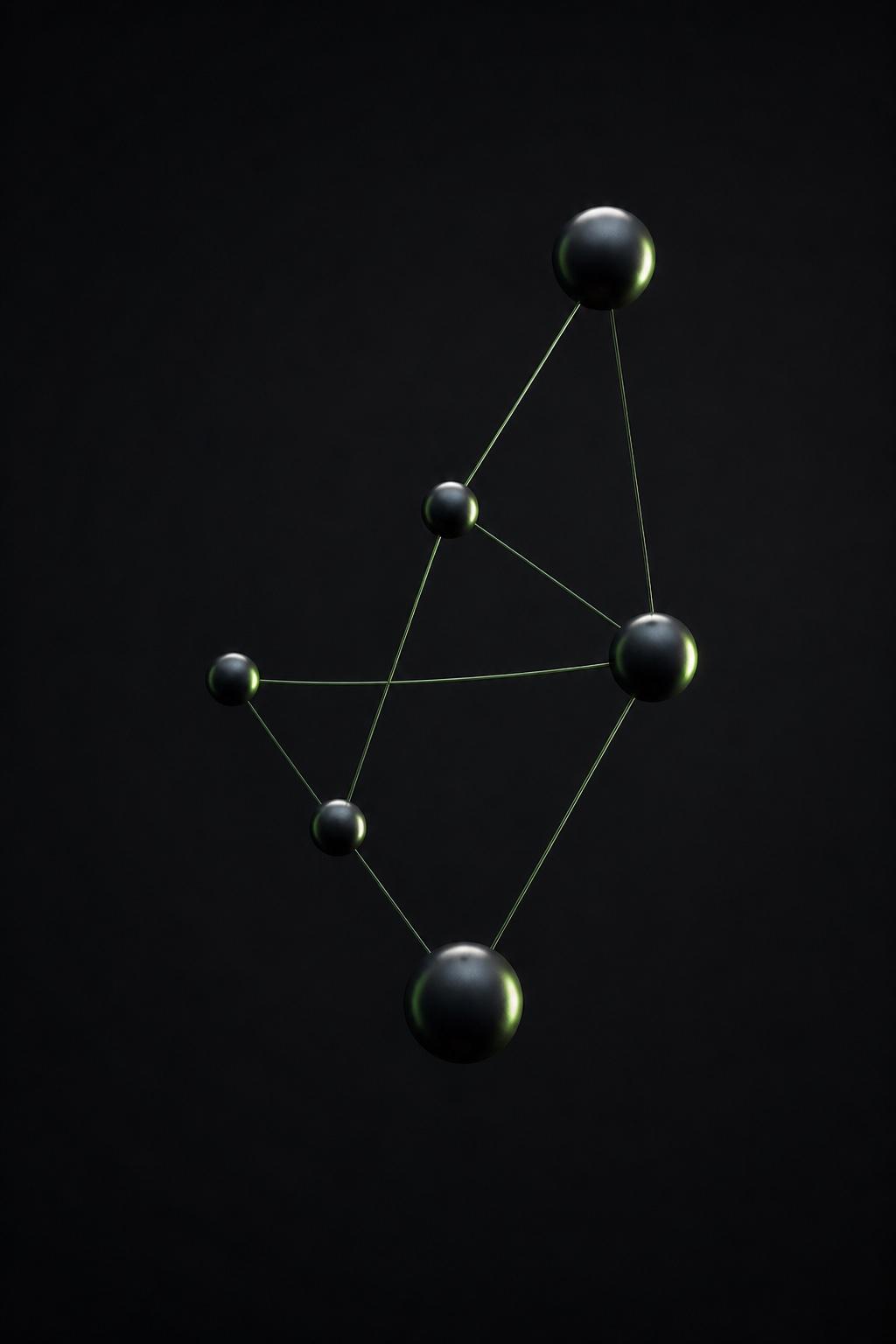 Constellation of matte black spheres connected by luminous lime-green threads, representing workflow automation